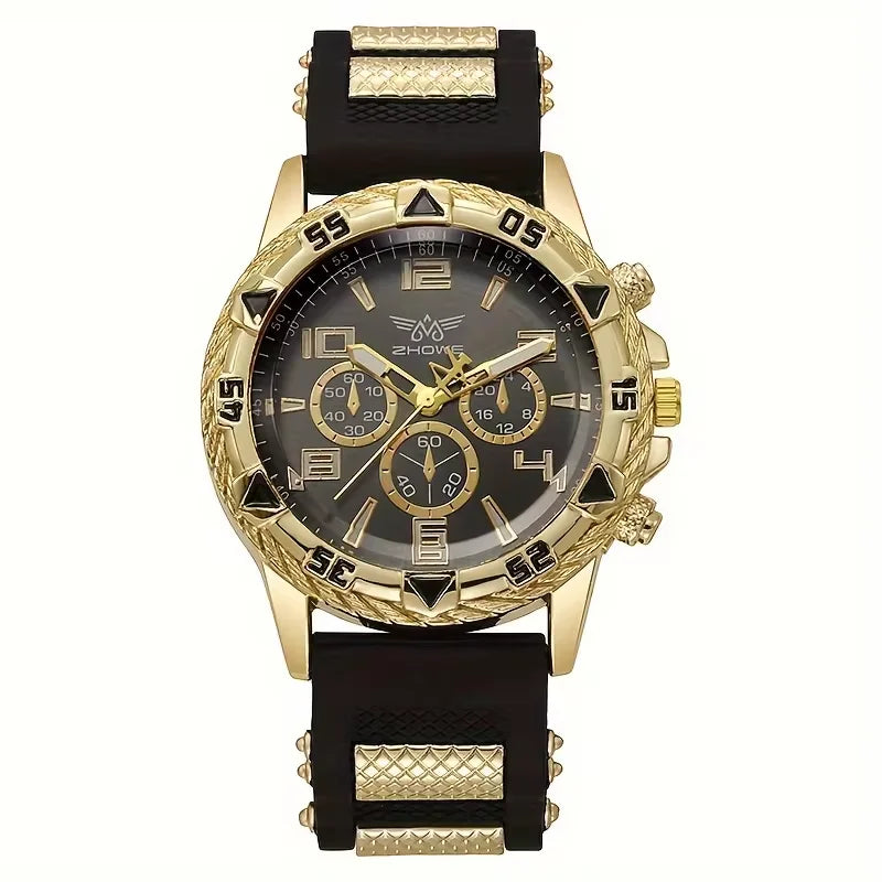 New Business Leisure Fashion Large Dial Alloy Steel Strip Blue Light Three Eye Men's Quartz Watch Qme Bronze