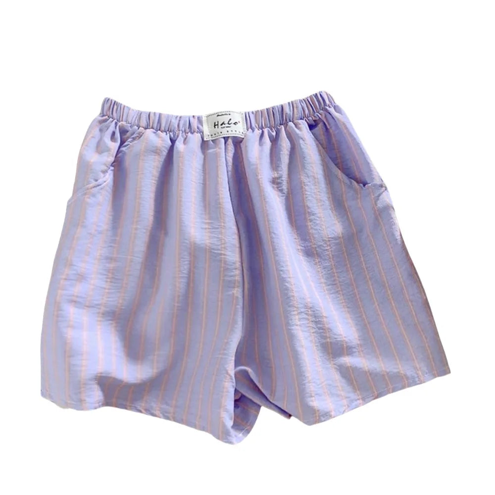 All Match Spring Summer Casual Shorts Women Baggy Chic Stripe Short Pants High Waist Elastic Waistband Thin Loose Shorts Girls Qme Purple-Pink One Size