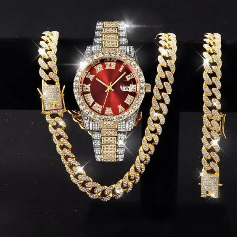 3-piece set hip-hop watch set with rhinestone bracelet and necklace, quartz Qme