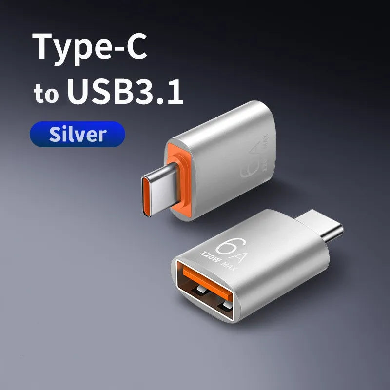 OTG Type C To USB Adapter Data Transmission 120W 6A Type C Male To USB Female for Macbook Laptop/ Xiaomi /Samsung USBC Adaptador Qme Silver