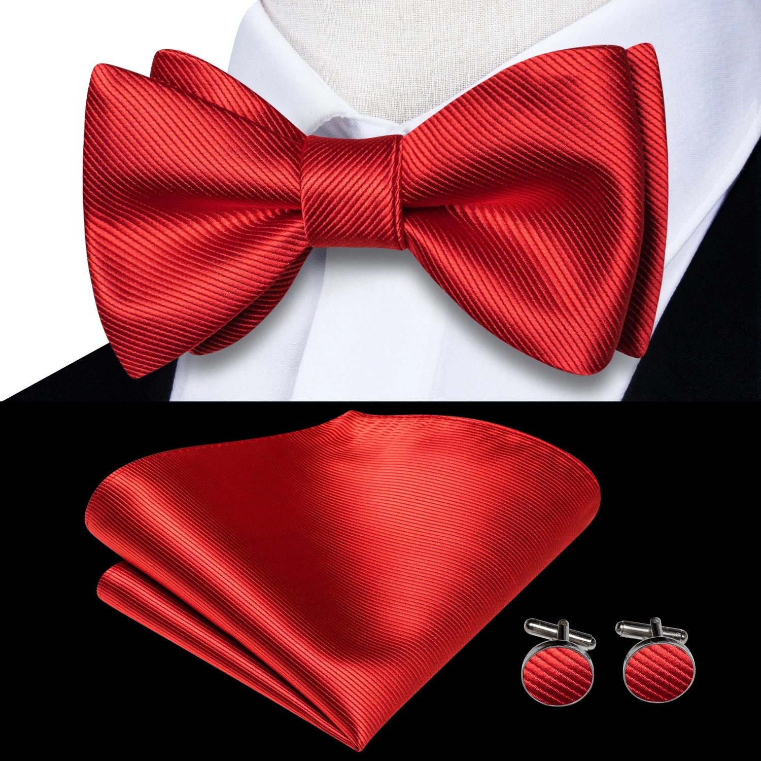 Hi-tie Silk Mens Self Bow Tie Hanky Cufflinks Blue Red Gold Black Qme LH-2084