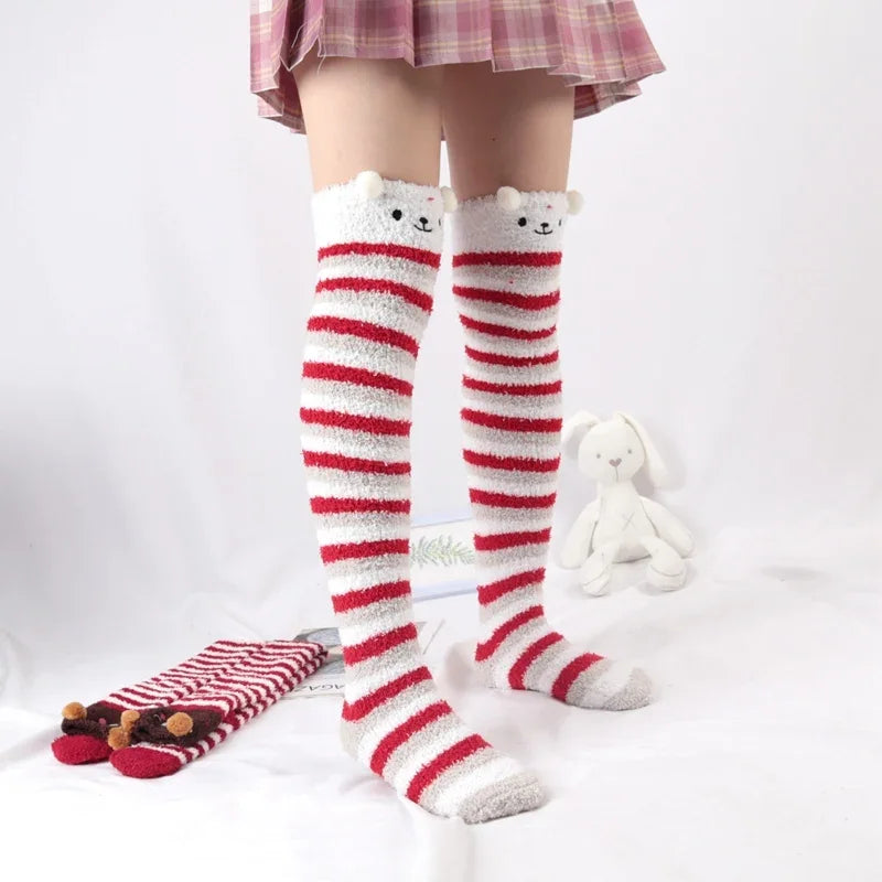 Women Lolita Cute High Socks Harajuku Winter Striped Coral Velvet Long Socks Warm Thicke Knee Length Socks Home Towel Stockings Qme D One Size