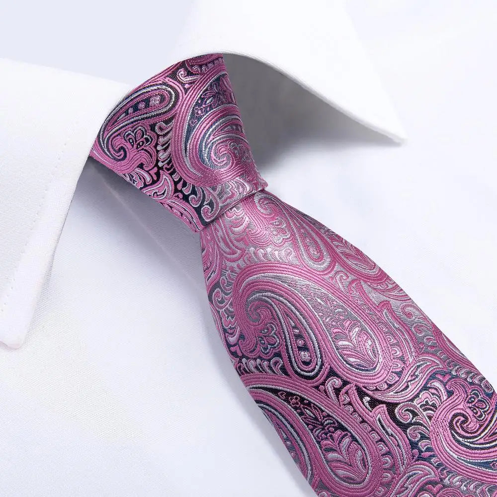 Mens Necktie Luxury Pink Paisley Silk Business Tie Pocket Square Qme