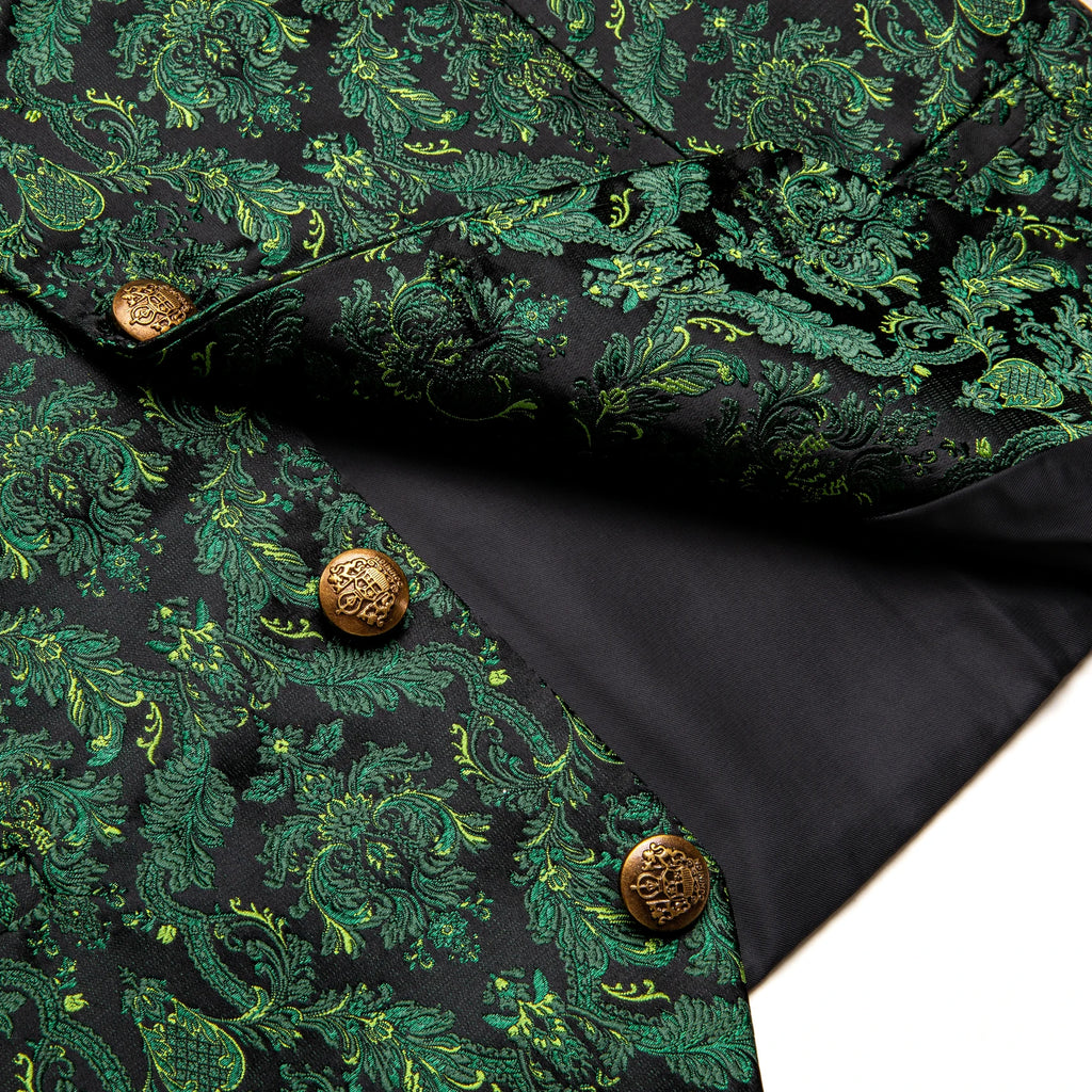 Mens Vest Green Floral Tops Tie Hanky Cufflinks Waistcoat Sleeveless Qme