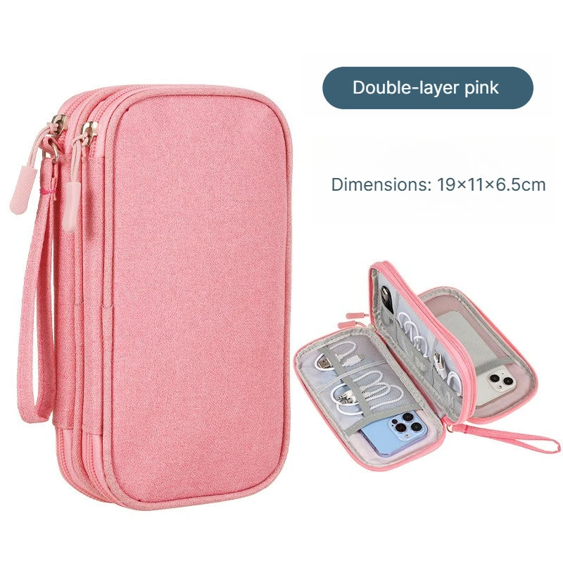 A Portable travel digital storage bag USB cable organizer headphone charger box gray/black/pink/blue neat and convenient Qme Pink