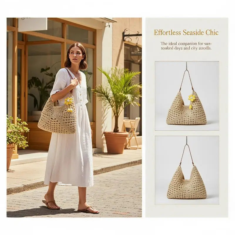 Women's Woven Straw Shoulder Tote: Medium with Handle - Large Capacity Vacation Handbag for Summer Shopping & Travel Qme