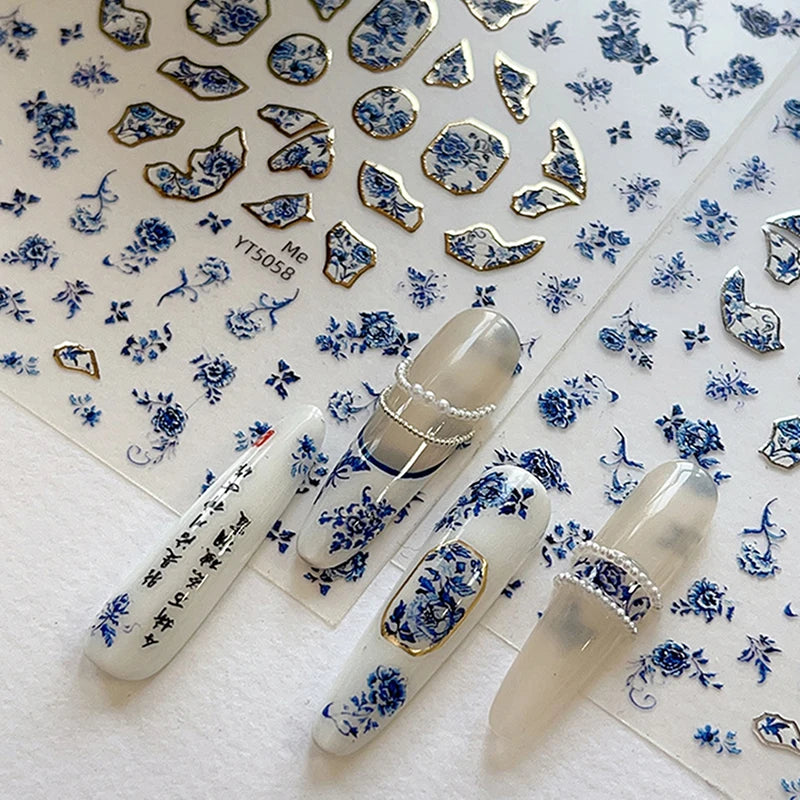 Blue White Porcelain-style 3D Nail Art Stickers Self-adhesive Qme