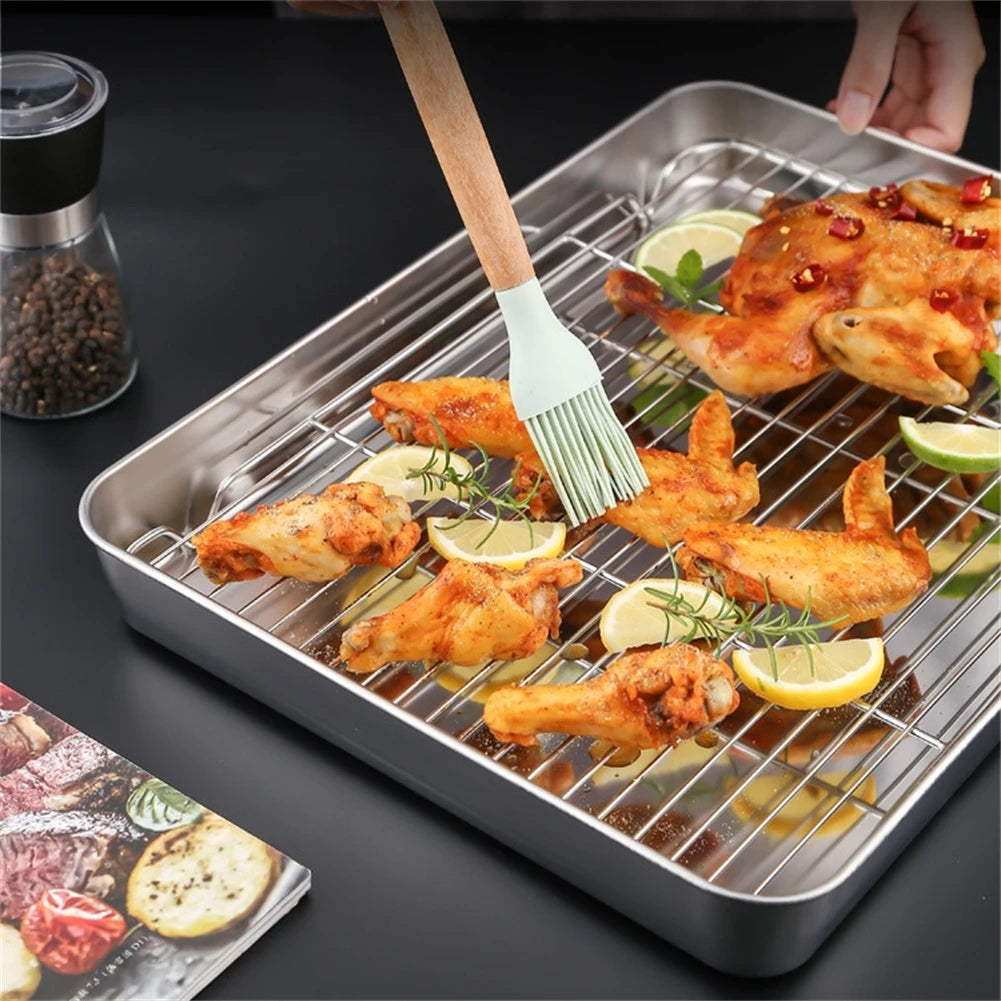 Stainless Steel Baking Pan Tray With Wire Rack Cake Baking BBQ Pan Tray Plate Oven Brownie Rack Kitchen Cooking Roasting Tool Qme