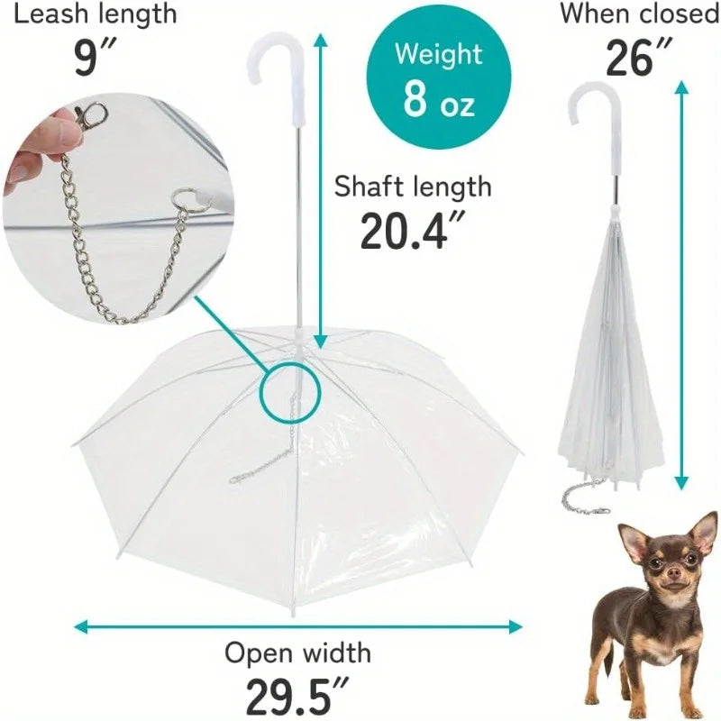 Small transparent dog umbrella, anti transparent dog umbrella towing strap, metal chain dog outdoor rain gear Qme