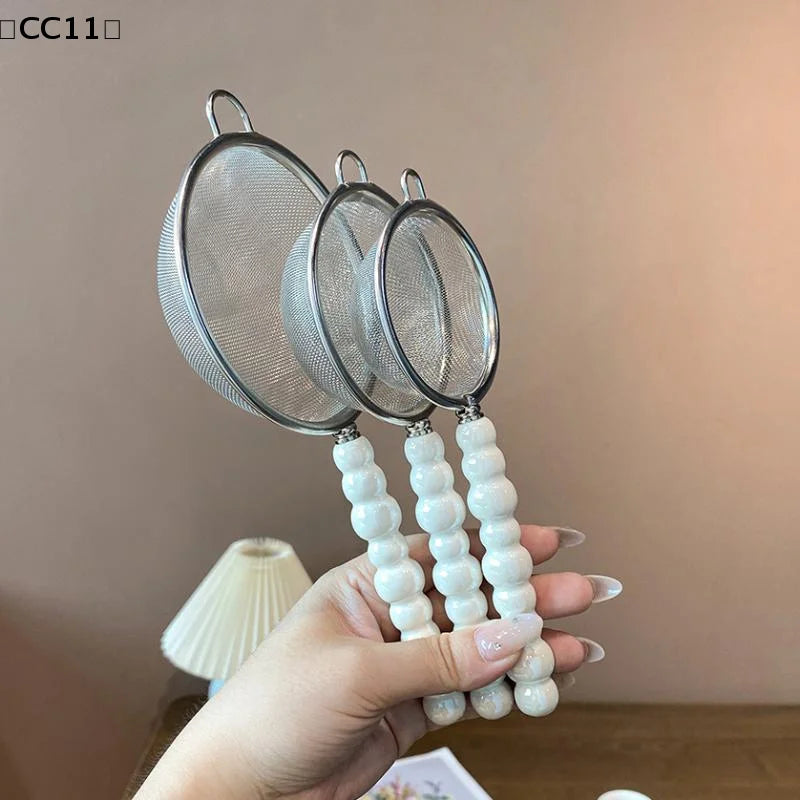 Tea Strainer Pearl Ceramic Handle Stainless Steel Fine Leak Mesh Qme