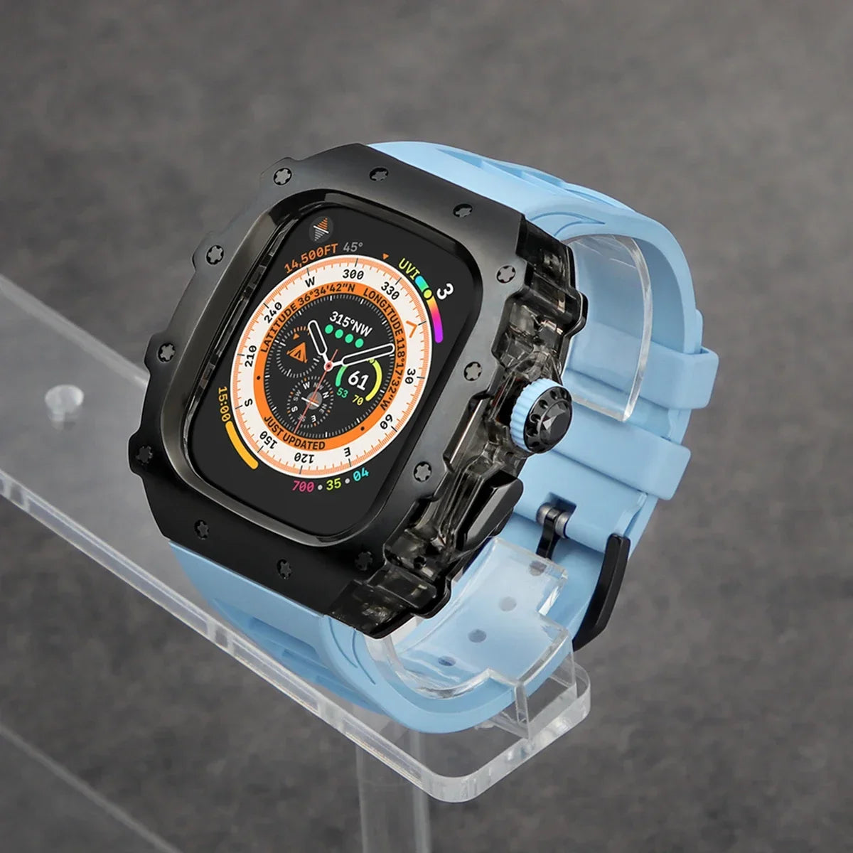 Luxury Modification Kit For Apple Watch Ultra 2 49mm Stainless Steel Case For IWatch 9 8 7 6 45mm 44mm Crystal Button Sport Band Qme Blue-B 49mm-For ultra 2 1
