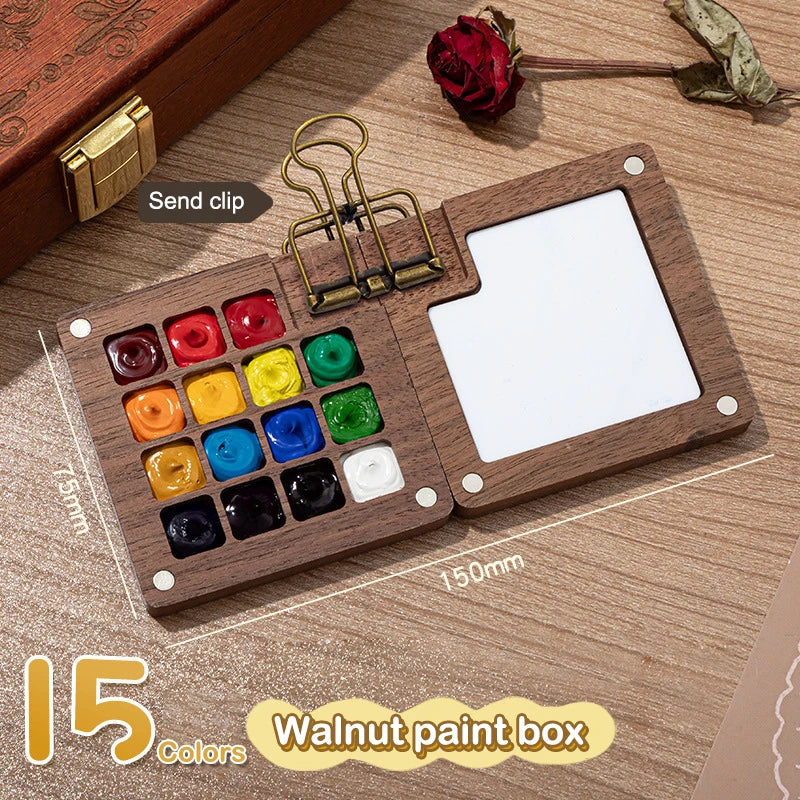Mini Walnut Wood Watercolor Palette Portable Paint Box Clip Travel Qme A2