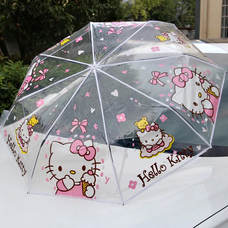 Hello Kitty Kuromi Cartoon Transparent Umbrella Fully Automatic Folding Thickened Three-Fold Student Umbrella Qme 1 Manual