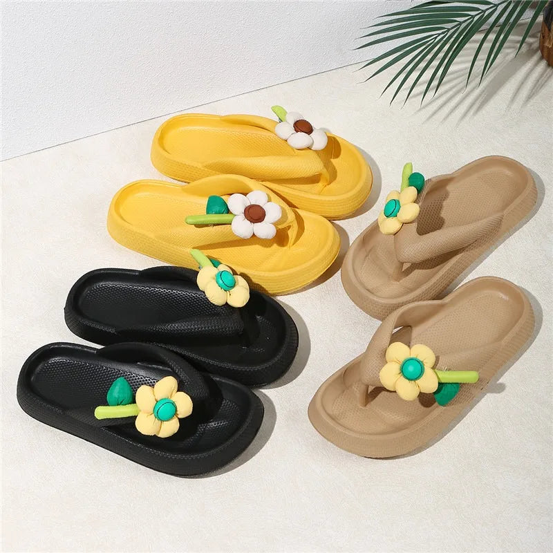 New Summer Platform Flip-Flops Handmade Flower Soft Bottom Cloud Slippers Travel Holiday Beach Lady Cute Shoes Women Slides Qme