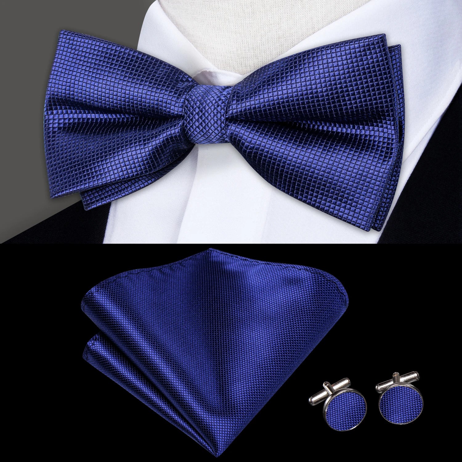 Hi-tie Grey Plaid Jacquard Pre-tied Mens Bow Tie Hanky Cufflinks