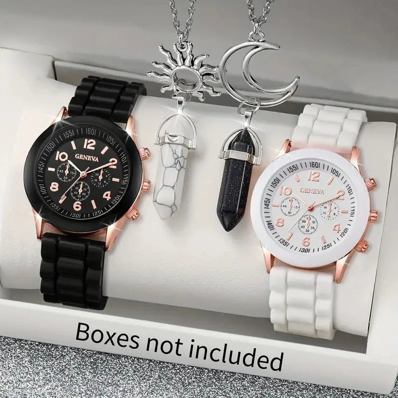 Geneva Couple Watch Set Silicone Band Men Women Quartz Wristwatch Sun Moon Pendant Necklace Jewelry Set Qme 1