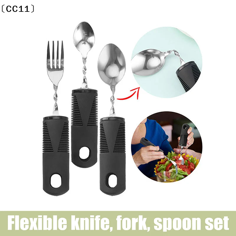 2 Stainless Steel Bendable Adaptive Cutlery Textured Handle Utensils Qme