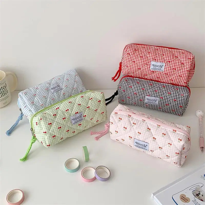 Cute Student Stationery Bag Ladies Cosmetic Bags Cherry Plaid Large Qme