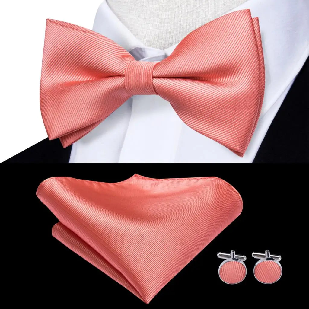 Peach Pink Salmon Rose Mens Bow Tie Pocket Square Cufflinks Pre-tied Qme LDLH0513