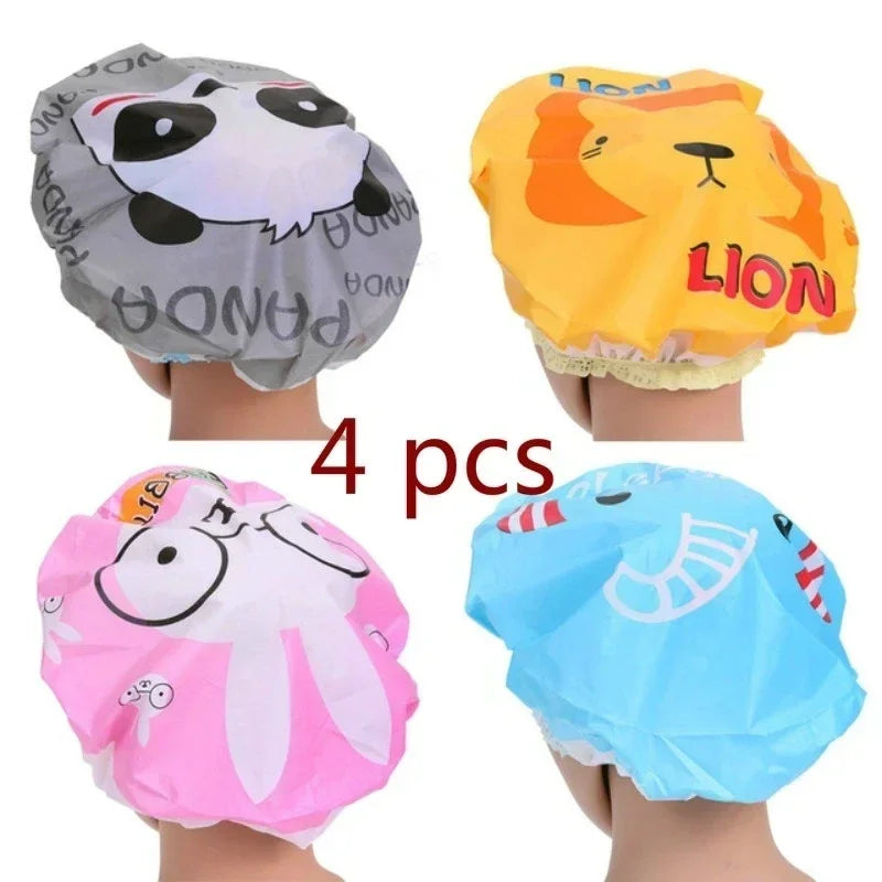 4Pcs/lot Random Style Lovely Cartoon Women Shower Caps Colorful Bath Shower Hair Cover Adults Waterproof Bathing Cap Animal Qme Random style 4Pcs