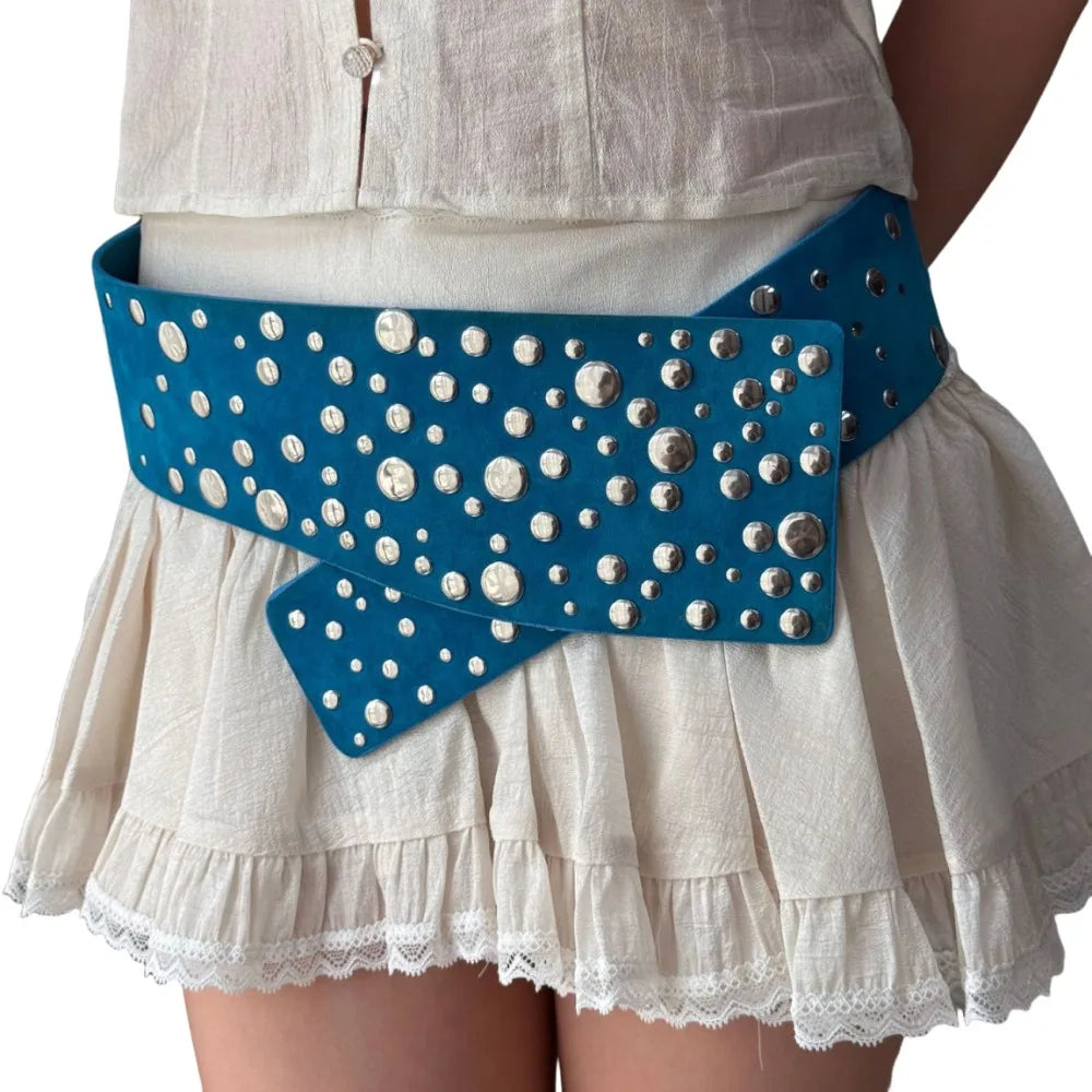 PU Leather Rivets Extra Wide Belt Y2K Exaggerated Studded Wide Waistband Punk Versatile Irregular Decorative Belt Concert Qme Blue