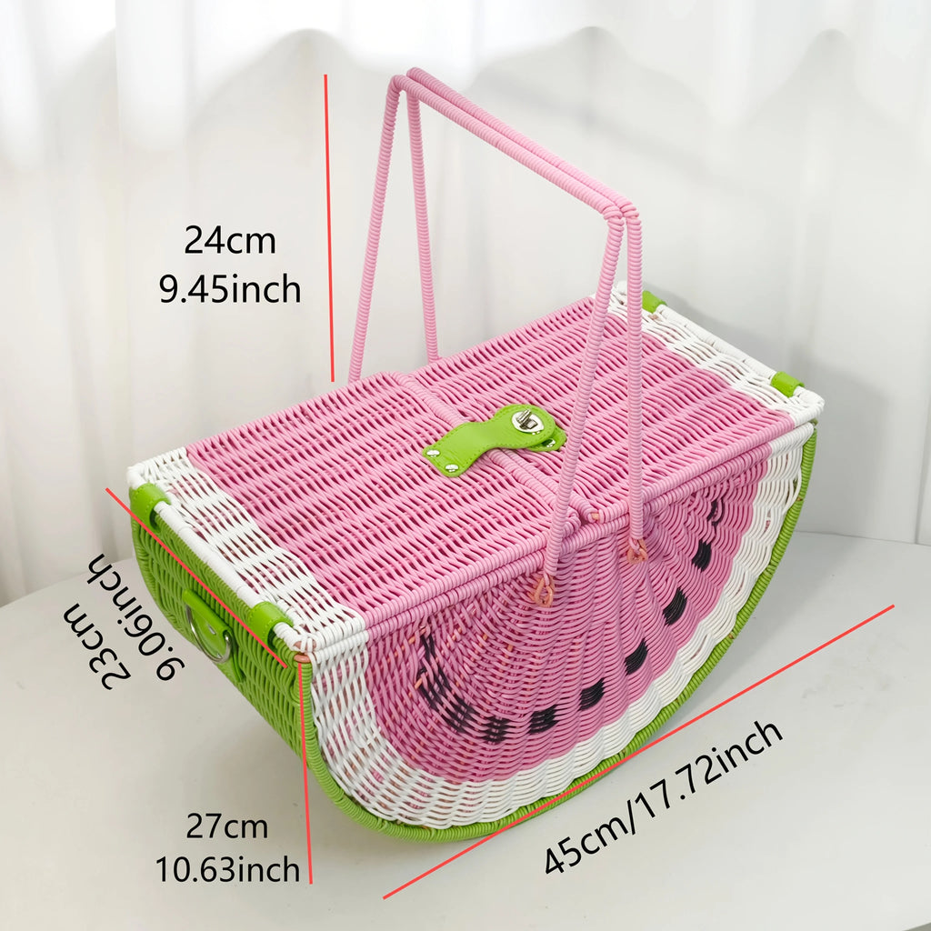 Picnic Basket Retro Watermelon Shaped Picnic Hamper Imitation Rattan Woven Storage Basket with Handle Large Capacity for Camping Qme Watermelon