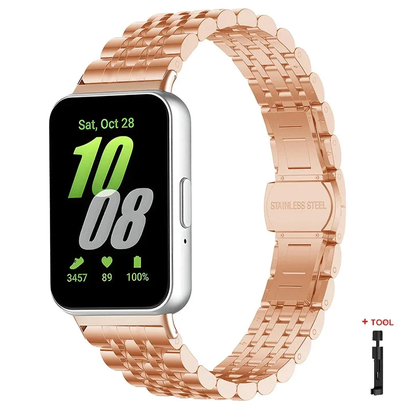 Stainless Steel Strap For Samsung Galaxy Fit 3 Metal Bracelet Luxury Bussiness Band For Samsung Galaxy Fit3 SM-R390 Accessories Qme Rose Gold-Tool For Galaxy Fit3