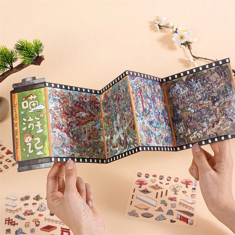TIANZI 28/56 pcs Immersive Experience Sticker Series: "With Meow in Roleplay" Scroll Scenery Stickers - Cute Cat Stacking Scenes Qme