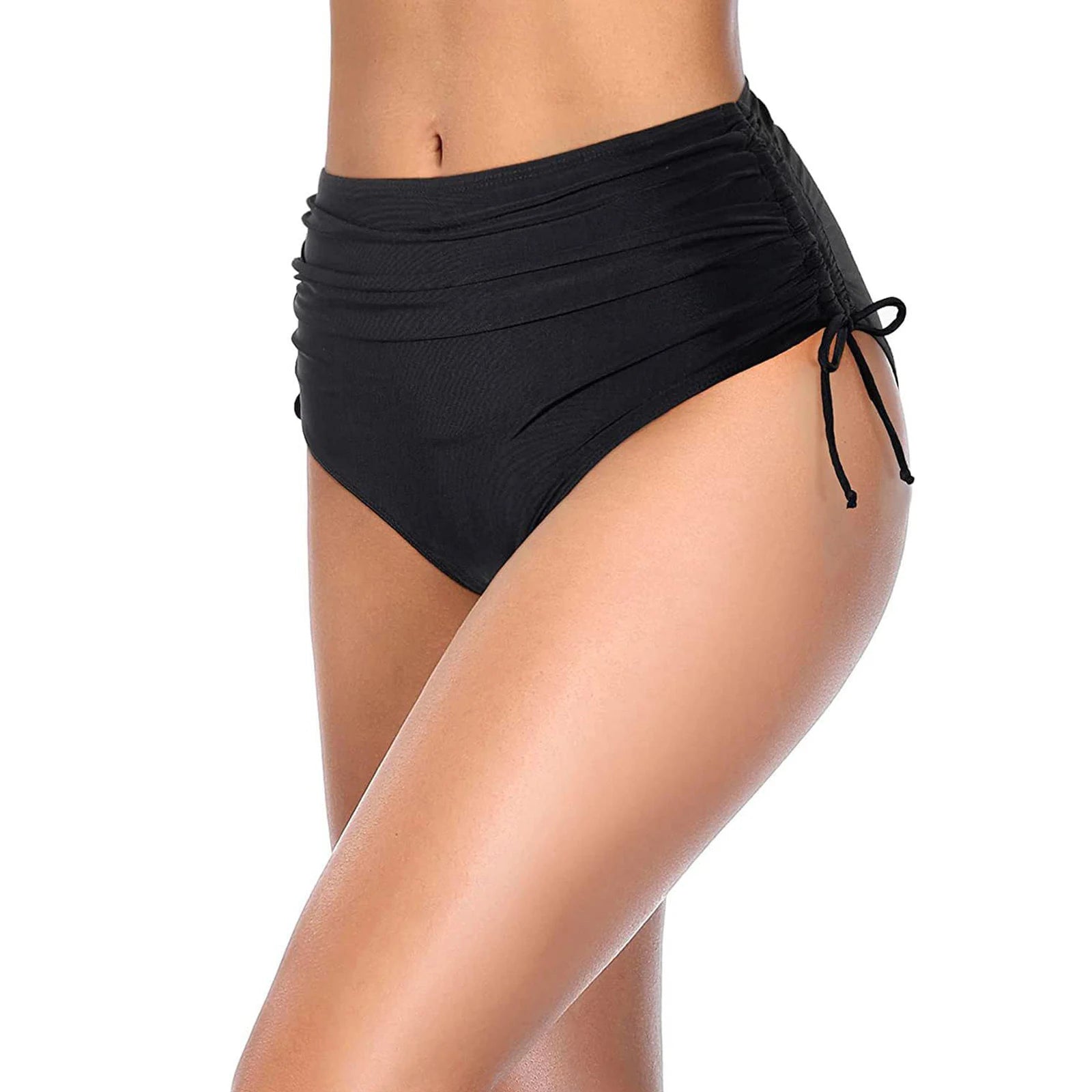 Basic Tight Swimming Bottoms for Female Solid Color High Waist Full Coverage Bikini Split Swimsuit Briefs Beach Drawstring Trunk Qme Black XL
