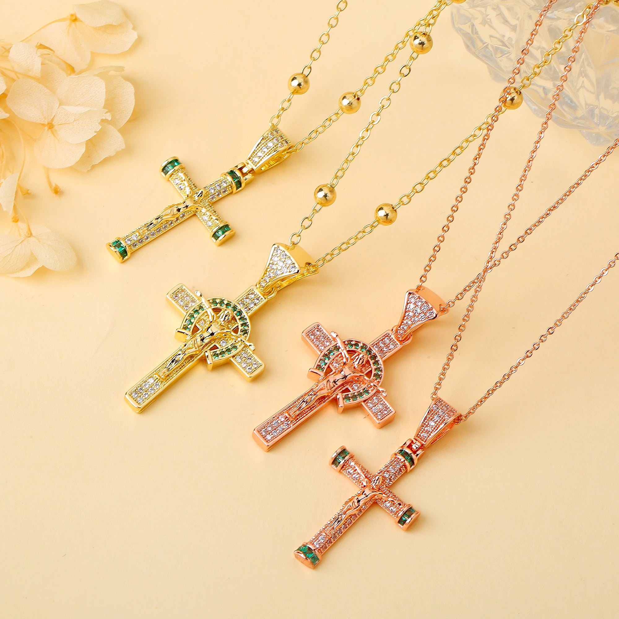 Gold Rose Gold Jesus Crucifix Cross Necklace Luxury for Women Men Faith Jewelry Religious Rhinestone Pendant Daily Wear & Gift Qme