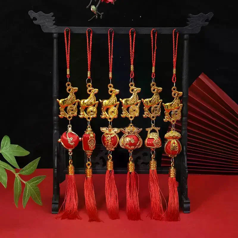 Chinese New Year 2027 Goat Hanging Ornaments Gold Lucky Design Red Tassels For Spring Festival Home Wall Decor Qme
