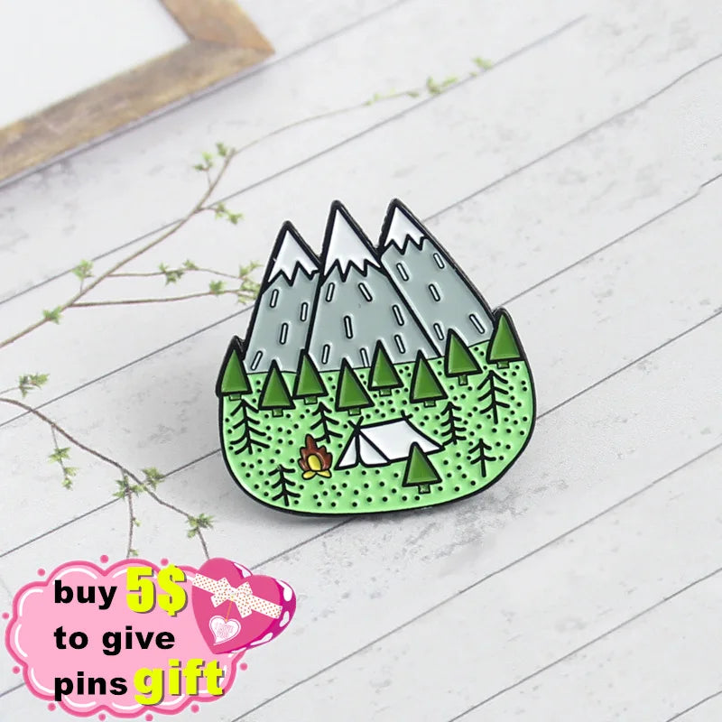 Mountains Wood Jungle Brooches Peak Nature Forest Camping Adventure Amateur Enamel Pin Badge Hat Bag Fashion Jewelry Wholesale Qme