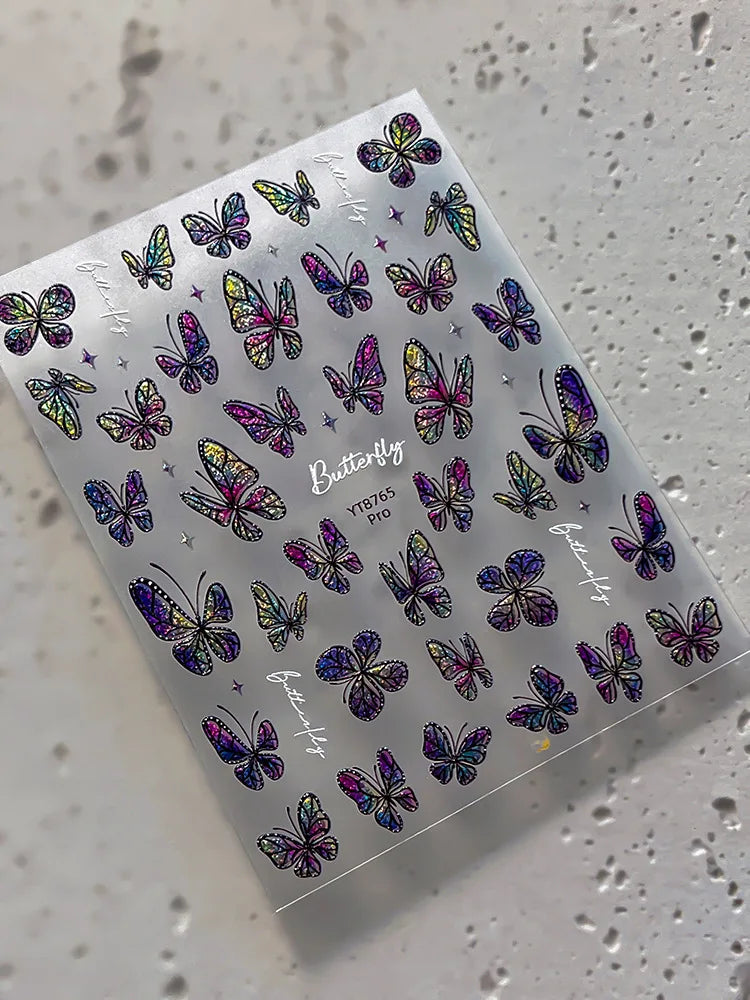 3D Embossed Holographic Butterfly Nail Stickers, Iridescent Aurora Self Adhesive Waterproof Decals for Nail Art DIY Manicure Qme Multicolor