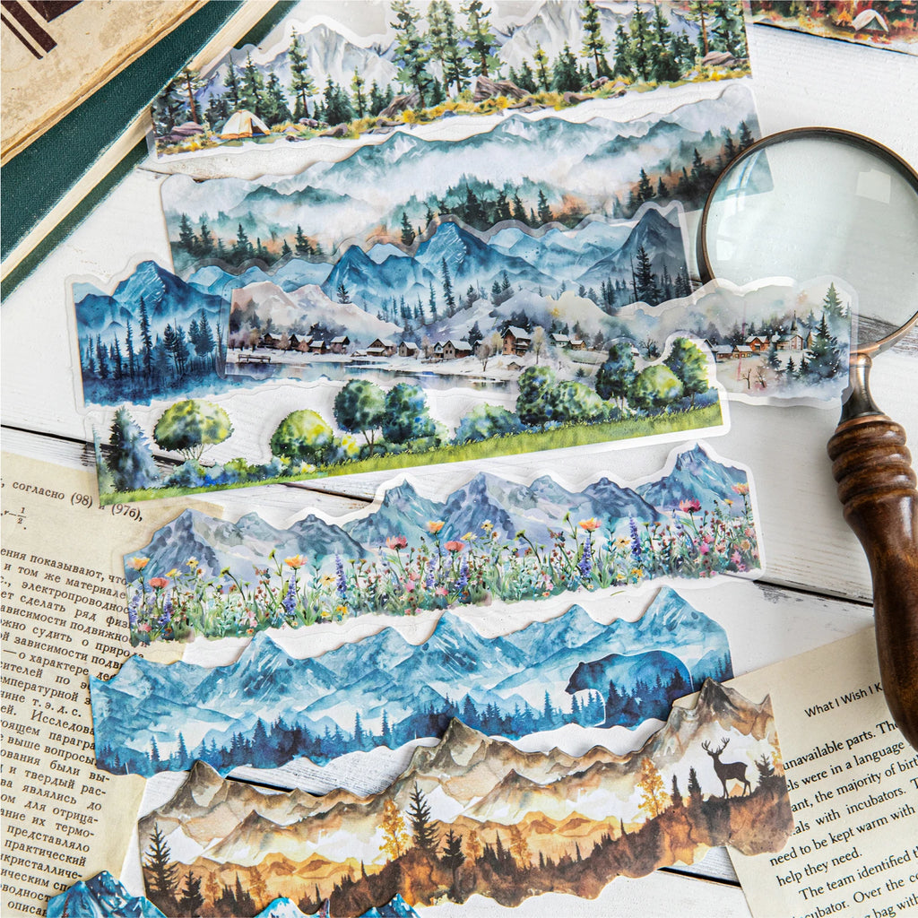 10 Sheets/Bag Natural Landscape Theme Dual Material Stickers for DIY Scrapbooking Journal Phone Case Laptop Decoration Qme