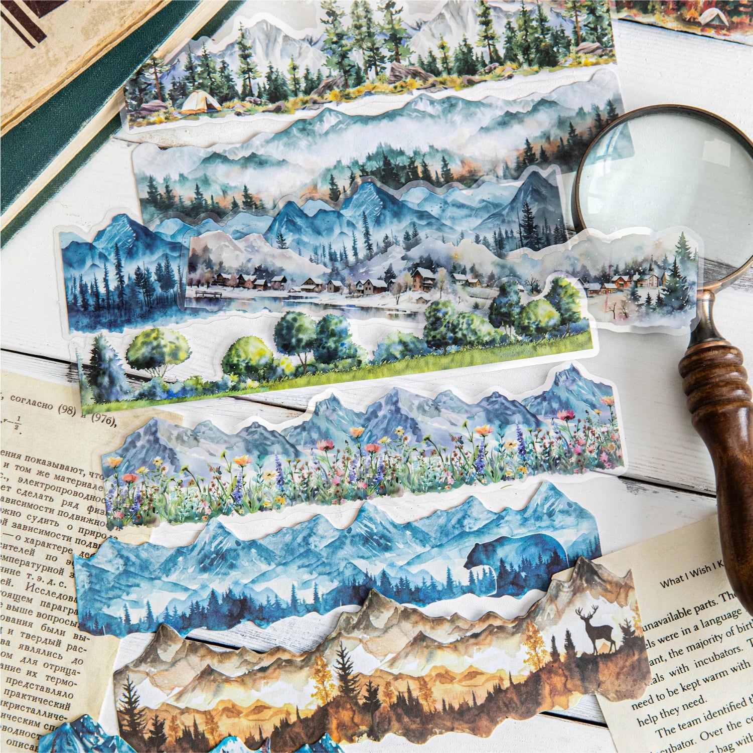 10 Sheets/Bag Natural Landscape Theme Dual Material Stickers for DIY Scrapbooking Journal Phone Case Laptop Decoration Qme