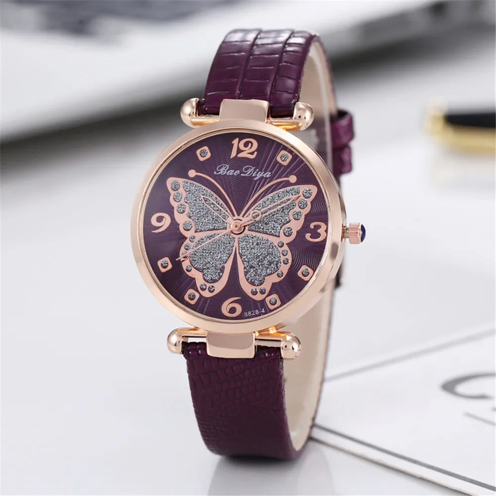 Casual Round Pointer Quartz Watch Cute Rhinestone Butterfly Pattern Dial Analog Dress Watch, Gift For Women Girls Qme