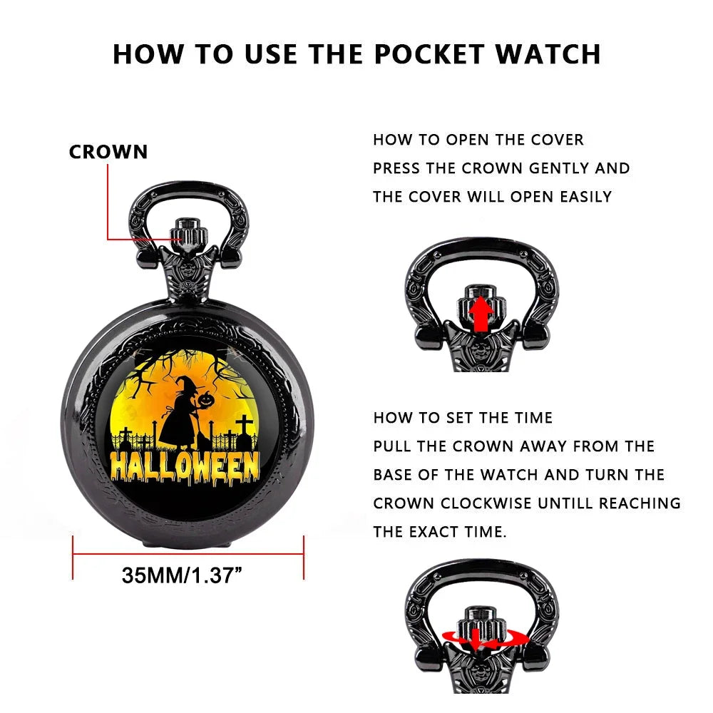 Black quartz pocket watch with Halloween glass dome, Arabic numeral dial and durable chain Qme