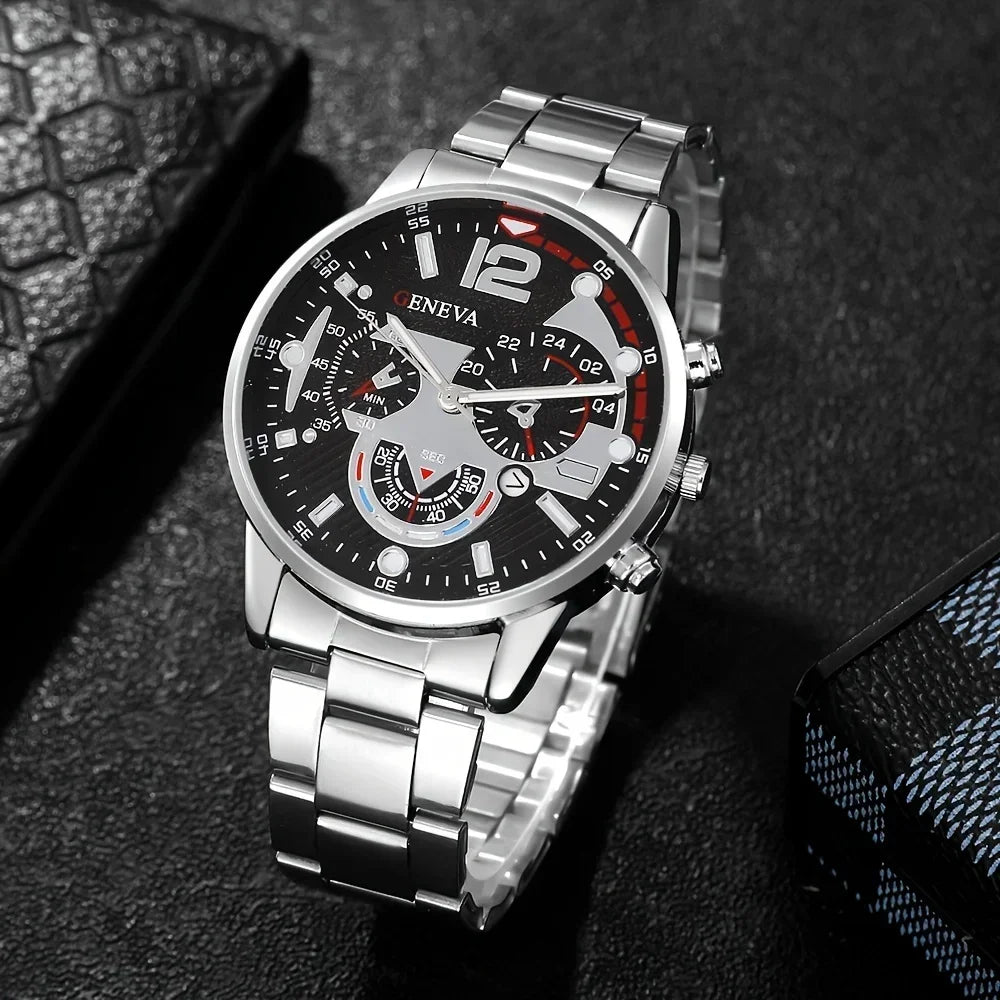 3PCS/Set Men's Quartz Watch with Calendar Feature, Fashionable Non-Waterproof Round Dial, Zinc Alloy Case & Strap Qme