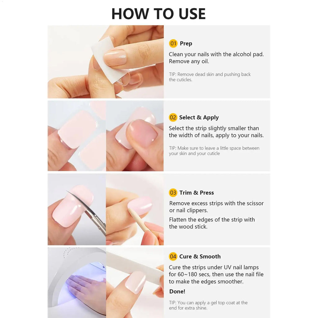 Semi Cured Gel Nail Strips French Gel Sticker Nails No Damage Manicure Supplies for Women Wife Ladies Girls Beauty Lovers Qme