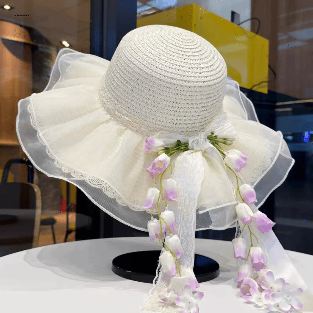 Summer Bonnet Wide Brim Straw Hat Lace Bowknot Floral Tassel Sun Cap Qme