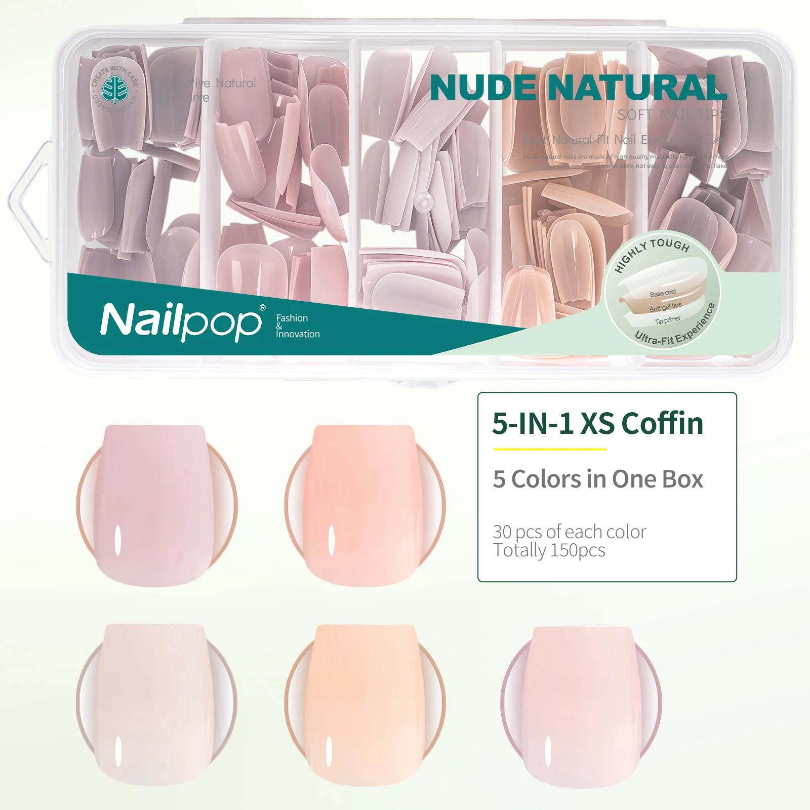 Nailpop 140 Mixed 5 Colors Nude Pink False Nails Artificial Press Qme 5 Color XS Coffin