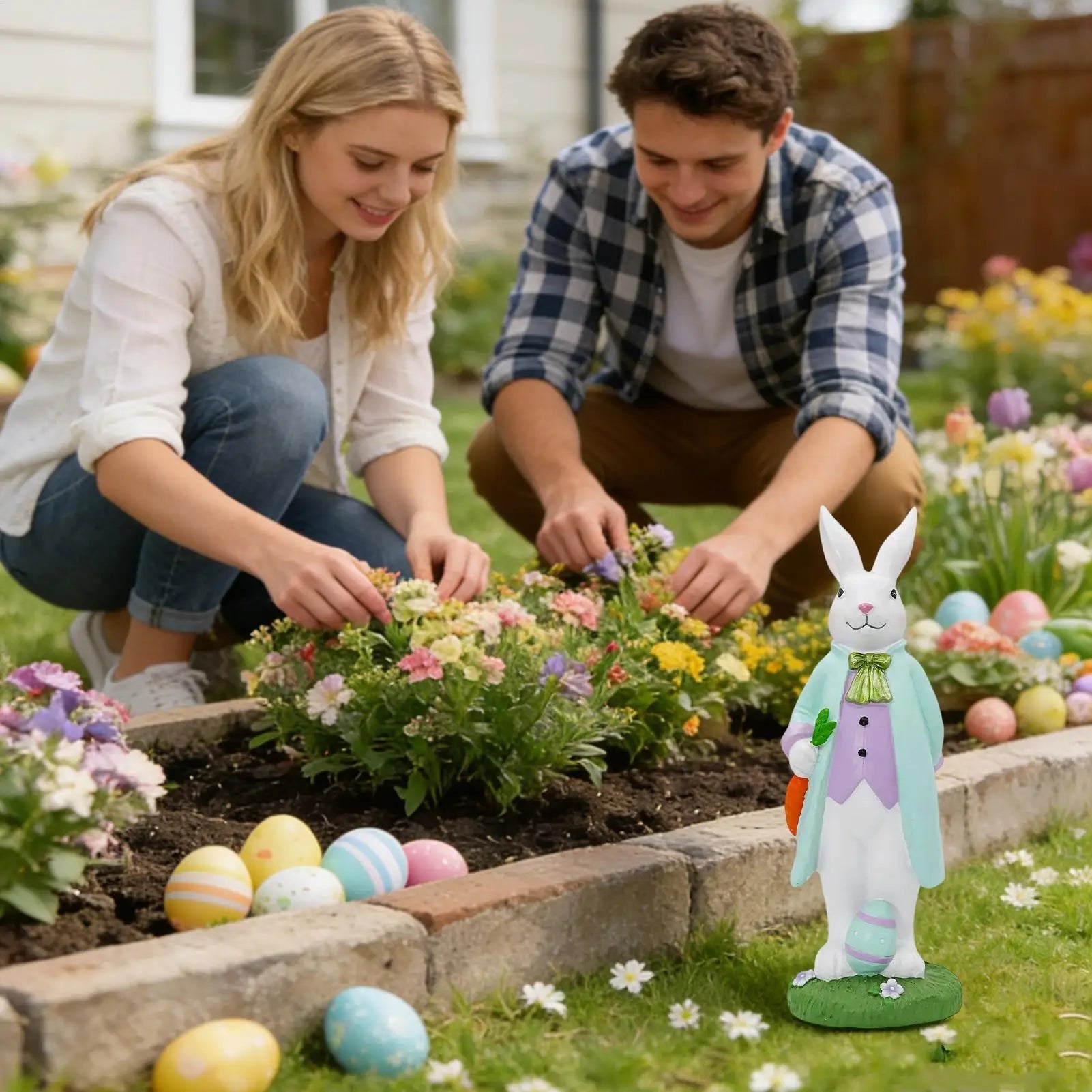 Easter Bunny Decorations Spring Resin Rabbit Statue Bunny Mantel Decoration for Home Holiday Party Outdoor Garden Porch Patio Qme