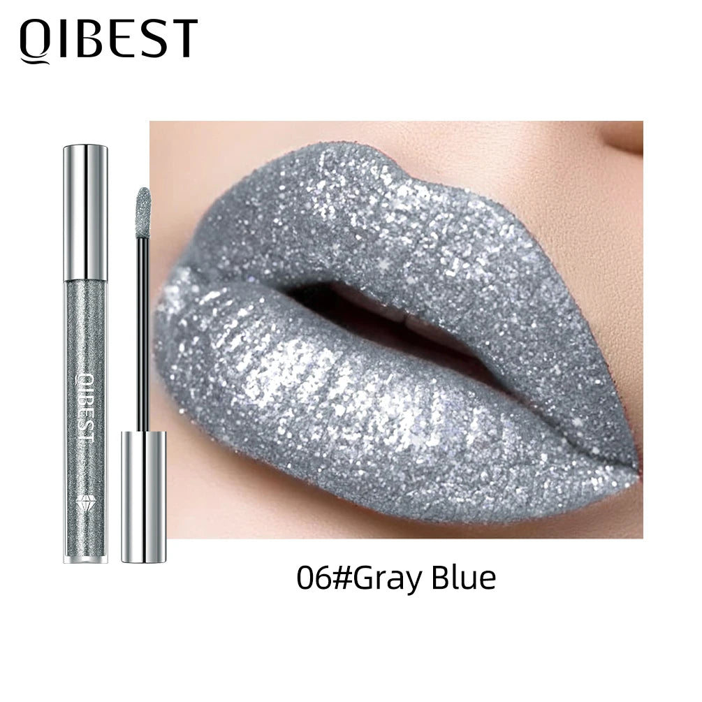 QIBEST Metallic Glitter Liquid Lipstick Makeup Waterproof Lip Gloss Long-lasting Shimmer Metal Diamond Lip Glaze Tint Charming Qme 06
