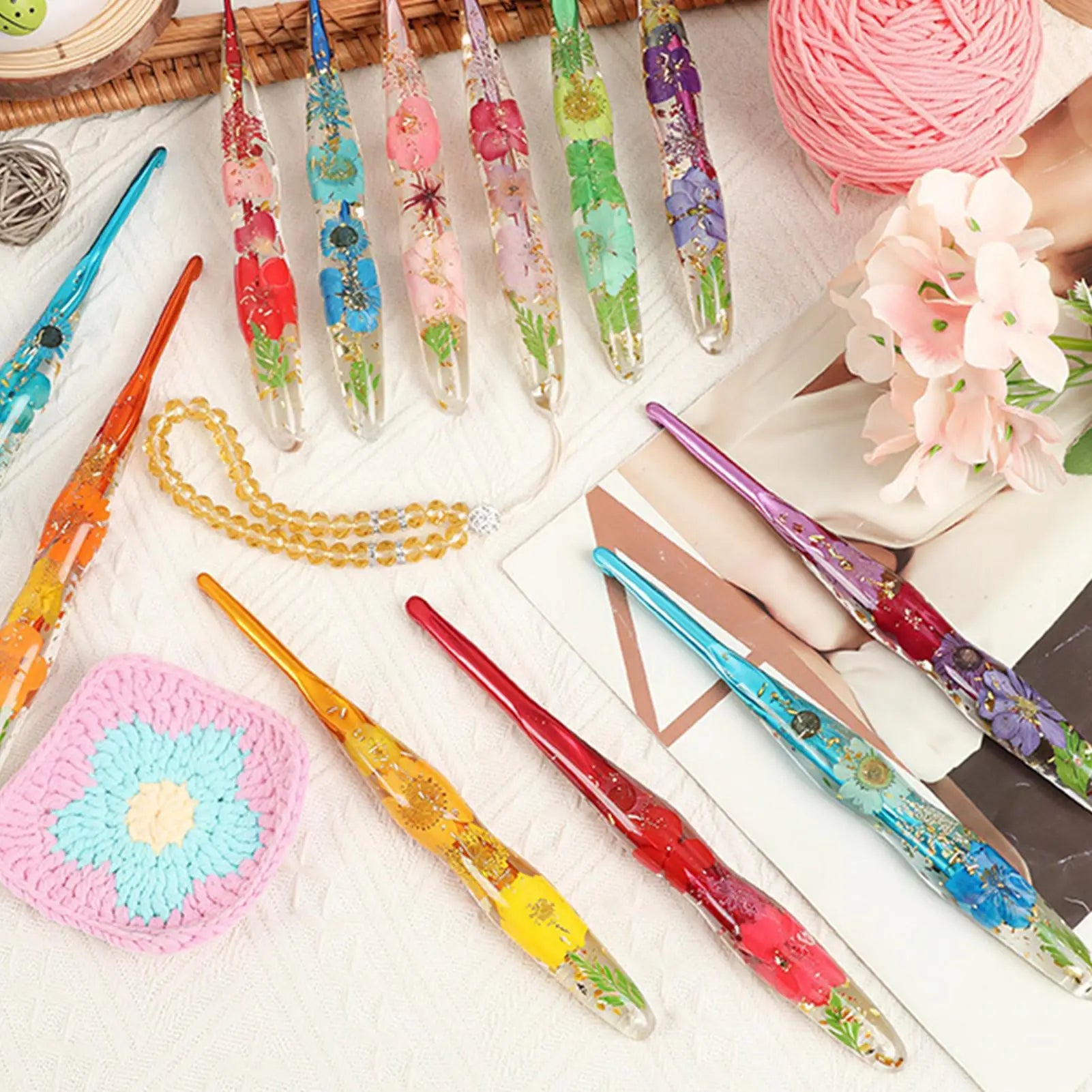 Crochet Hooks 9 Flower Pattern Resin Handle Knitting Yarn Hook Women Qme