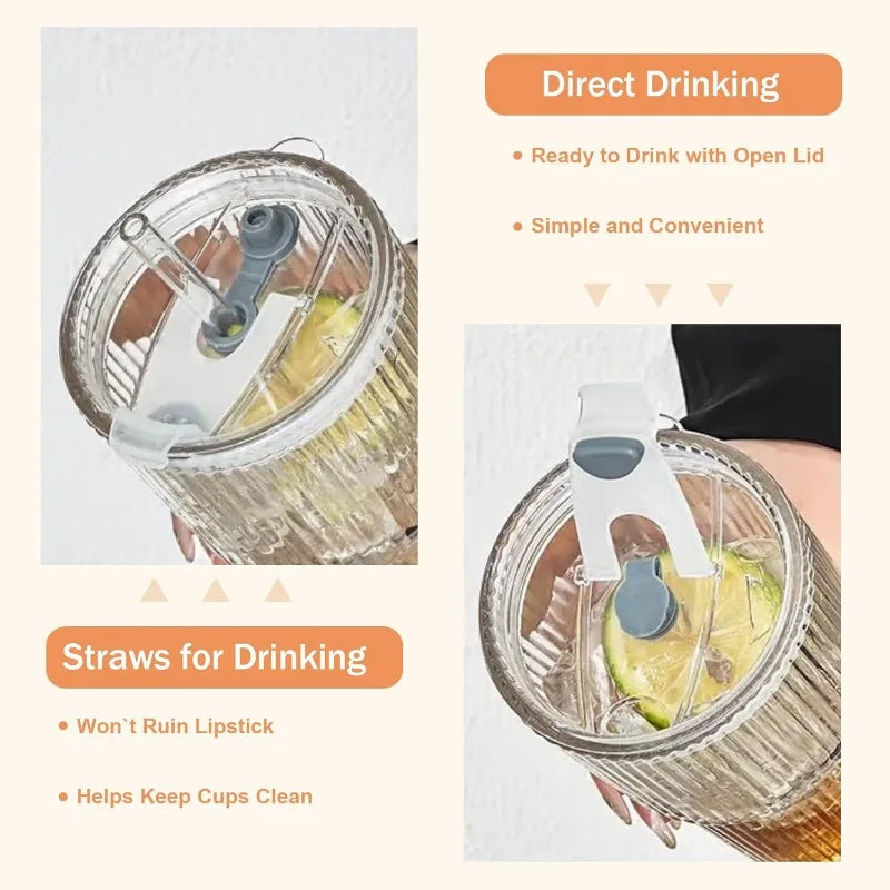 400/600ML Striped Glass Coffee Cup Transparent Drinking Cup with Lid and Straw Large Capacity Juice Iced Coffee Cup Drinking Cup Qme