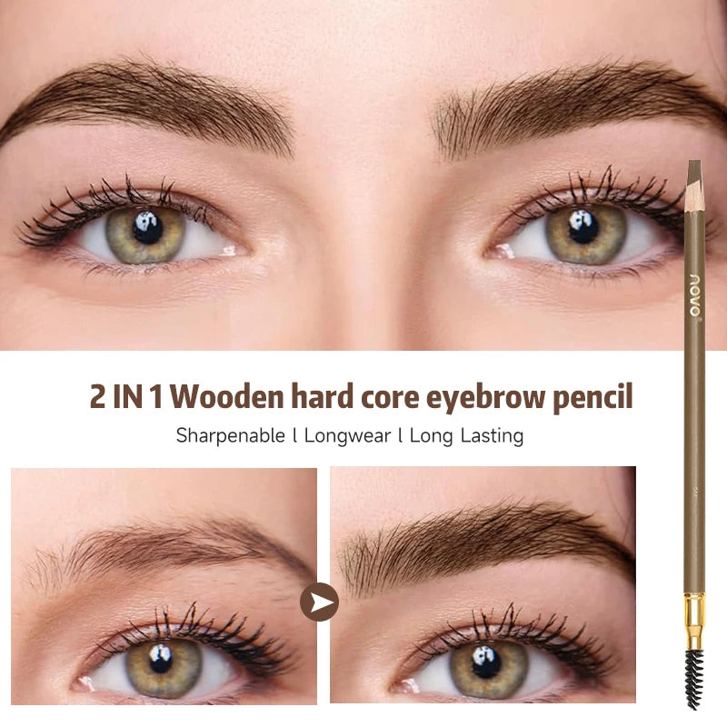 Double-Ended Wooden Evebrow Pencil With Brush,Sweat-Proof,Smudge-Proof,Long-Lasting,Brow Shaping,Natural Matte Qme