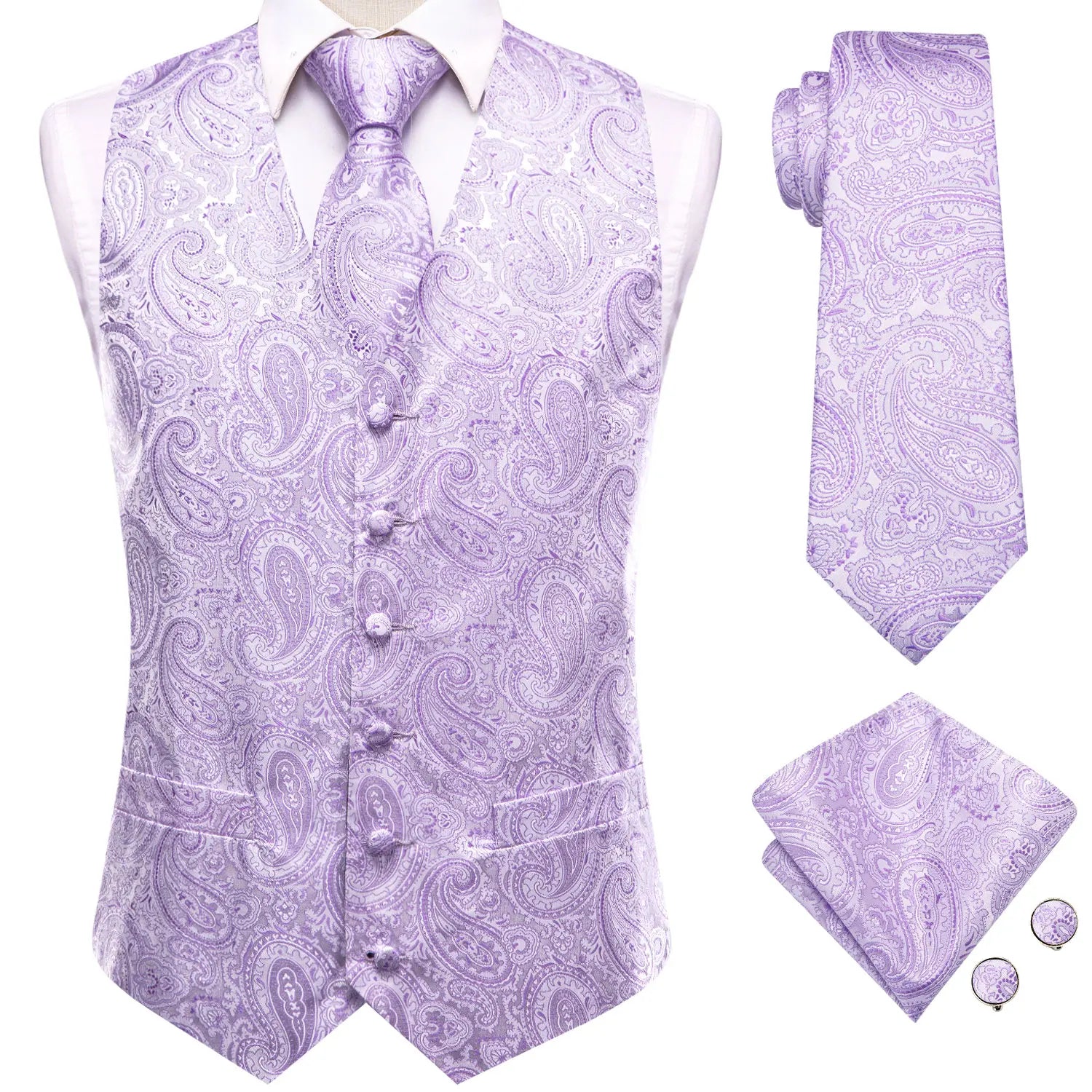 Mens Purple Suit Vest Tie Hanky Cufflinks Set Jacquard Floral Paisley Waistcoat Sleeveless Jacket for Male Wedding Busniess Qme MJTZ3201 XL