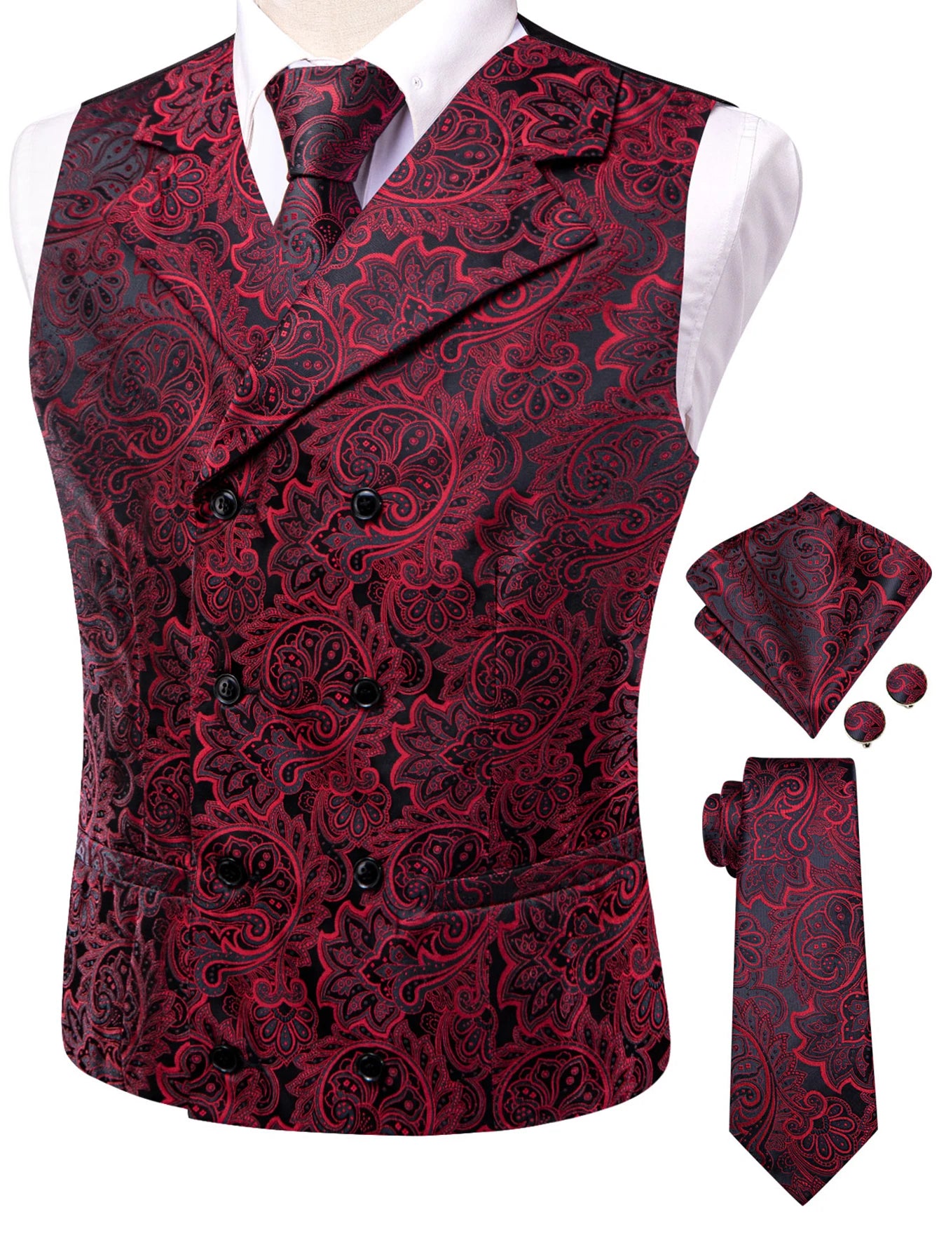 Men's Golden Paisley Vest Tie Hanky Cufflinks Luxury Tops Weddings Qme HT-MJ-0183 XL