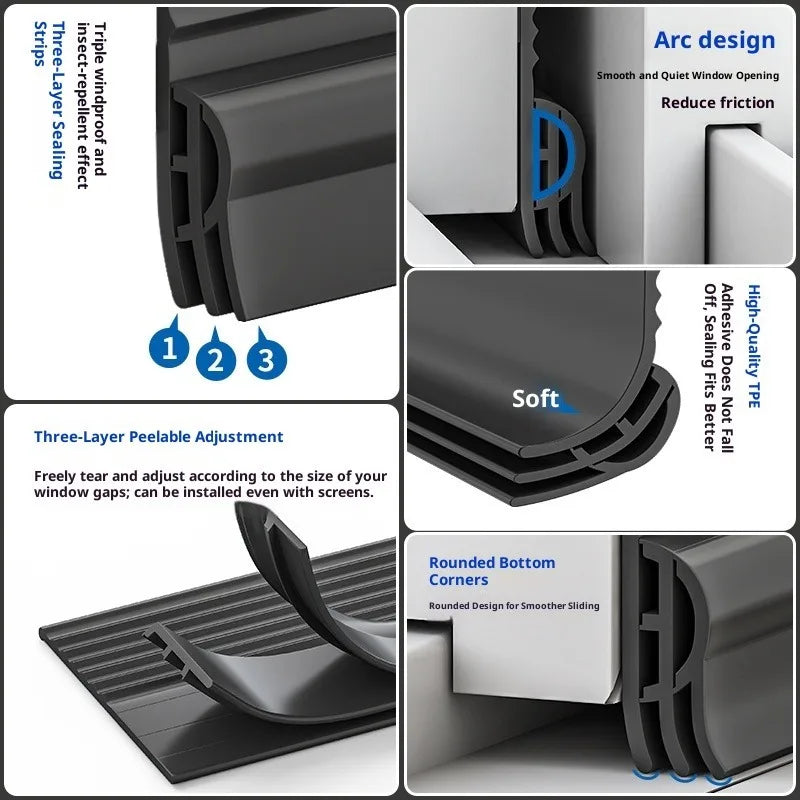 2/4M TPE Sliding Window Seal Strip Self Adhesive Triple Anti-Cold Sound Insulation Windproof Door Under Adjustable Weatherstrip Qme