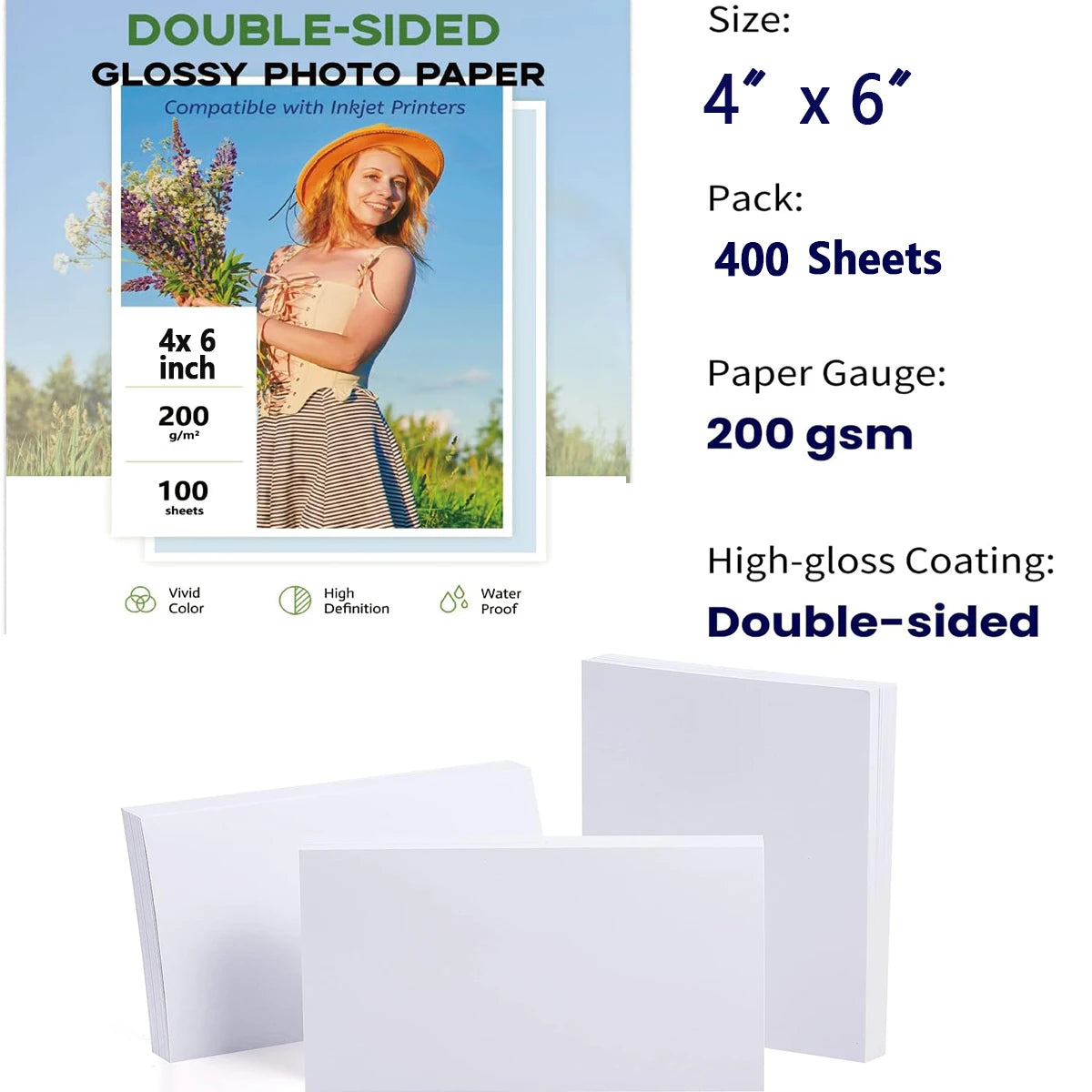 4R Double Sided Glossy Photo Paper , 200GSM/54LB Inkjet Printer Paper 4 x 6"Glossy for Crafting, Chip Bags, Calendars, Menus Qme